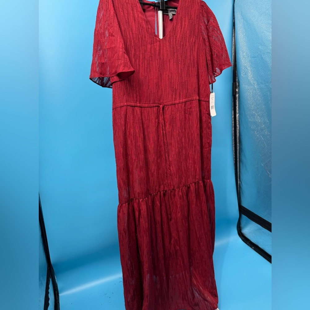 NWT Pheasant Maxi Women Dress Donna Ricco wine lace layered metallic Size 10